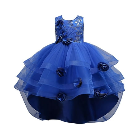 Gubotare Christmas Dress Toddler Short Sleeve Girls Ruffle Trim Dress Print and Solid Color A-line Swing Flared Belted Casual Party Dress with Zipper Size 6-7(Blue 6-7 Years)