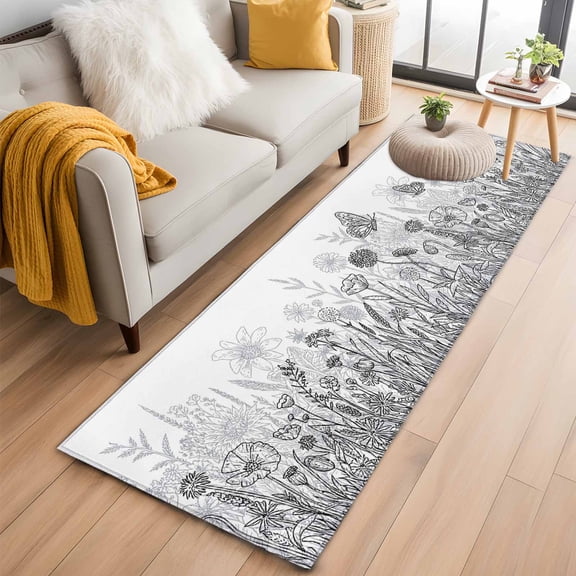 Grey Wildflowers 2'x6' Runner Rugs for Hallway Kitchen Bedside Non Slip Washable, Modern Spring Floral Butterfly Plant Entryway Rug Runners with Rubber Backing, Long Carpet Runner for Laundry Room