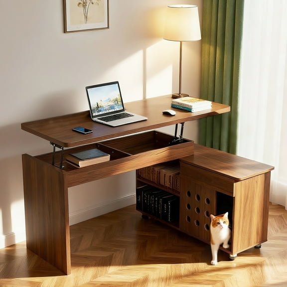 AuraPet 55.1''L, Walnut Home Office L-Shaped Executive Desk , Height Adjustable Desk with Storage Drawers and Cabinet