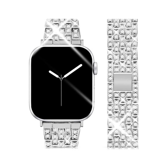 WorryFree Gadgets Metal Bling Band Compatible with Apple Watch Band 42mm 44mm 45mm iWatch Strap Wristband for Men Women iWatch Band Series 8 7 6 SE 5 4 3 2 1 - Silver
