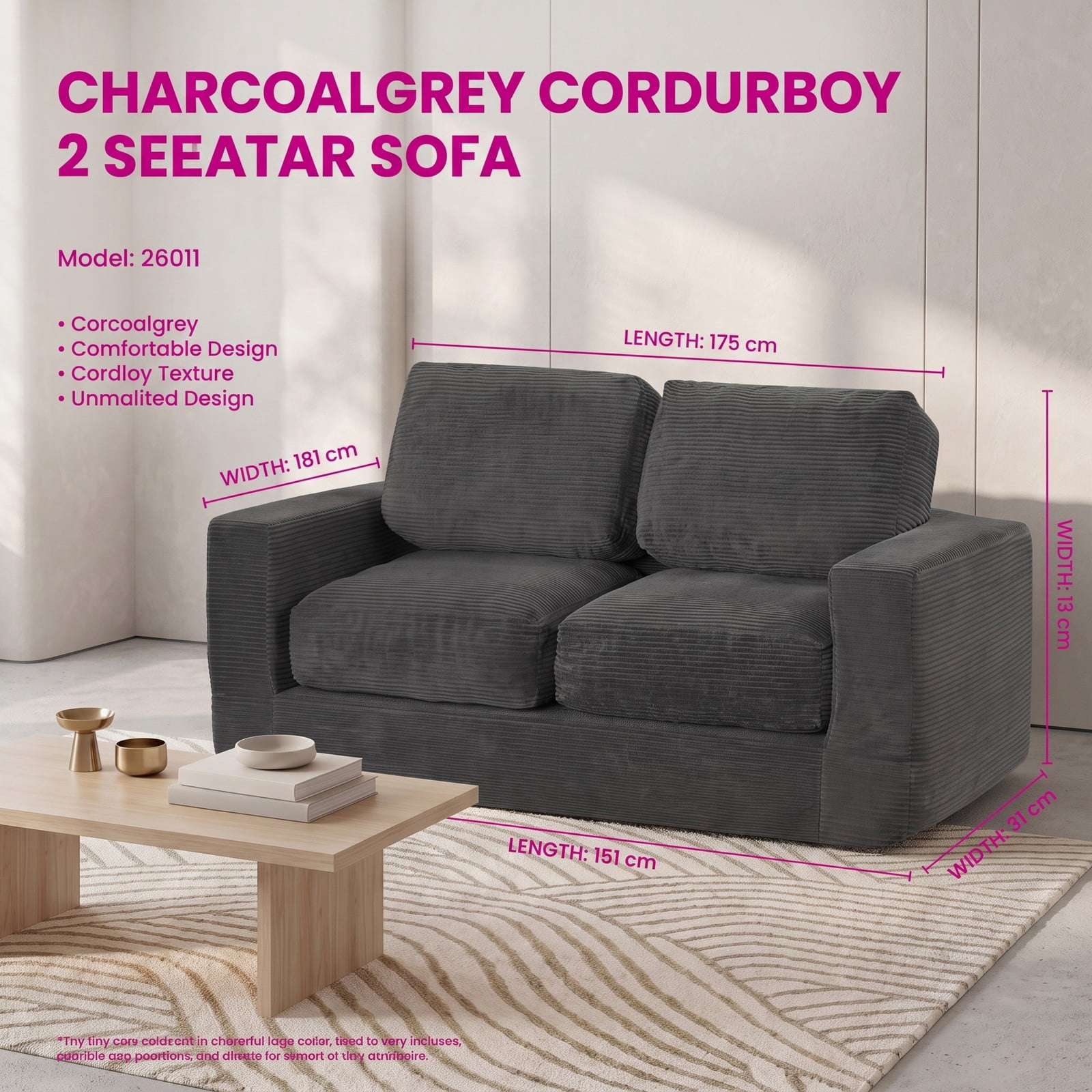 Furnibear 2-Seater Floor Couch Loveseat, Convertible Foam Sofa Lazy Couch with Removable Corduroy Cover, High-Density Sponge Filled Sofa Bed for Living Room, Black