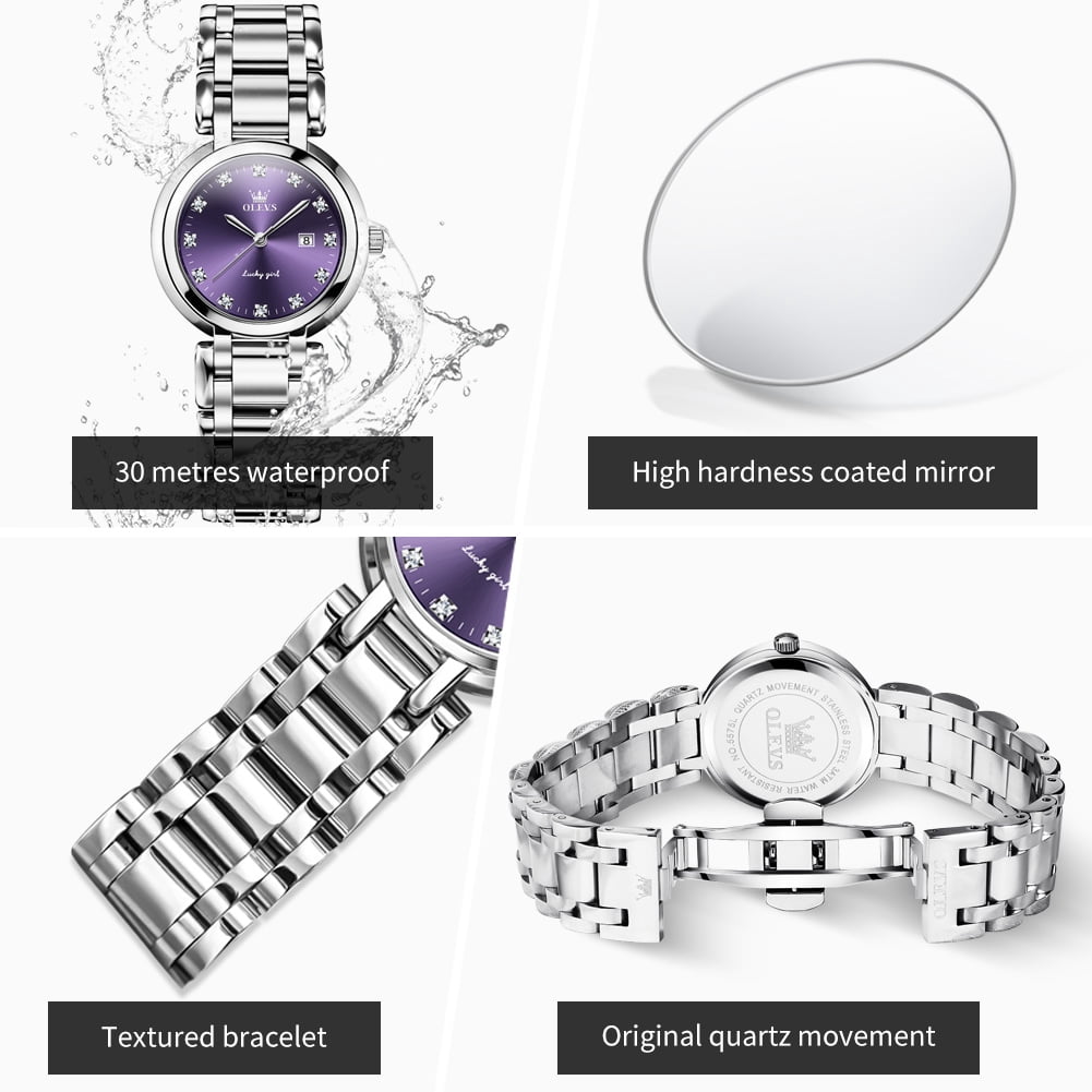 OLEVS Watches for Womens Analog Quartz Silver Strap Fashions Classic Dress Stainless Steel Date Waterproof Casual Ladies Watches Gift Womens Wrist Watches Reloj Para Mujer White/Pink/Purple