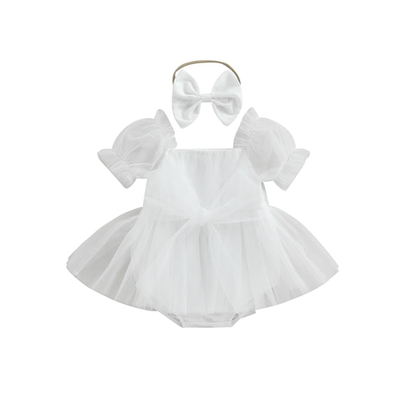 BemeyourBBs Newborn Baby Girl Tulle Tutu Dress Romper Dress Baptism Dresses Sleeveless Knot Front Pleated Bodysuit Mesh Princess Wedding Guest Dress Outfits