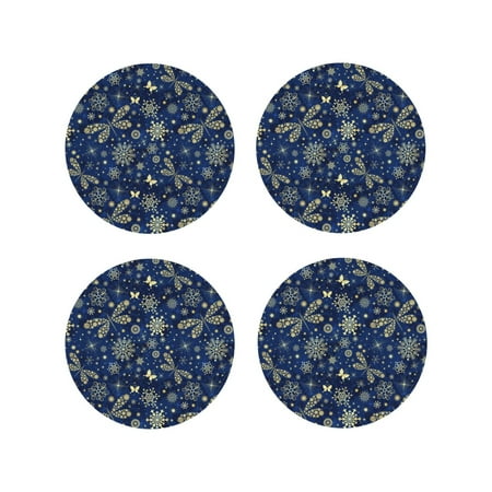 

Honeii Dark Blue Christmas Print Leather Coaster Set of 4 Ideal for Safeguarding Your Furniture from Drinks Spills and Effortless Cleanup-Round Shape