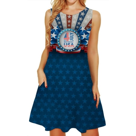 

Hvyesh Womens Sundresses 2023 Casual Party Midi Dress Stars and Stripes Print Round Neck Dresses Sleeveless Lightweight Tunic Dress Blue