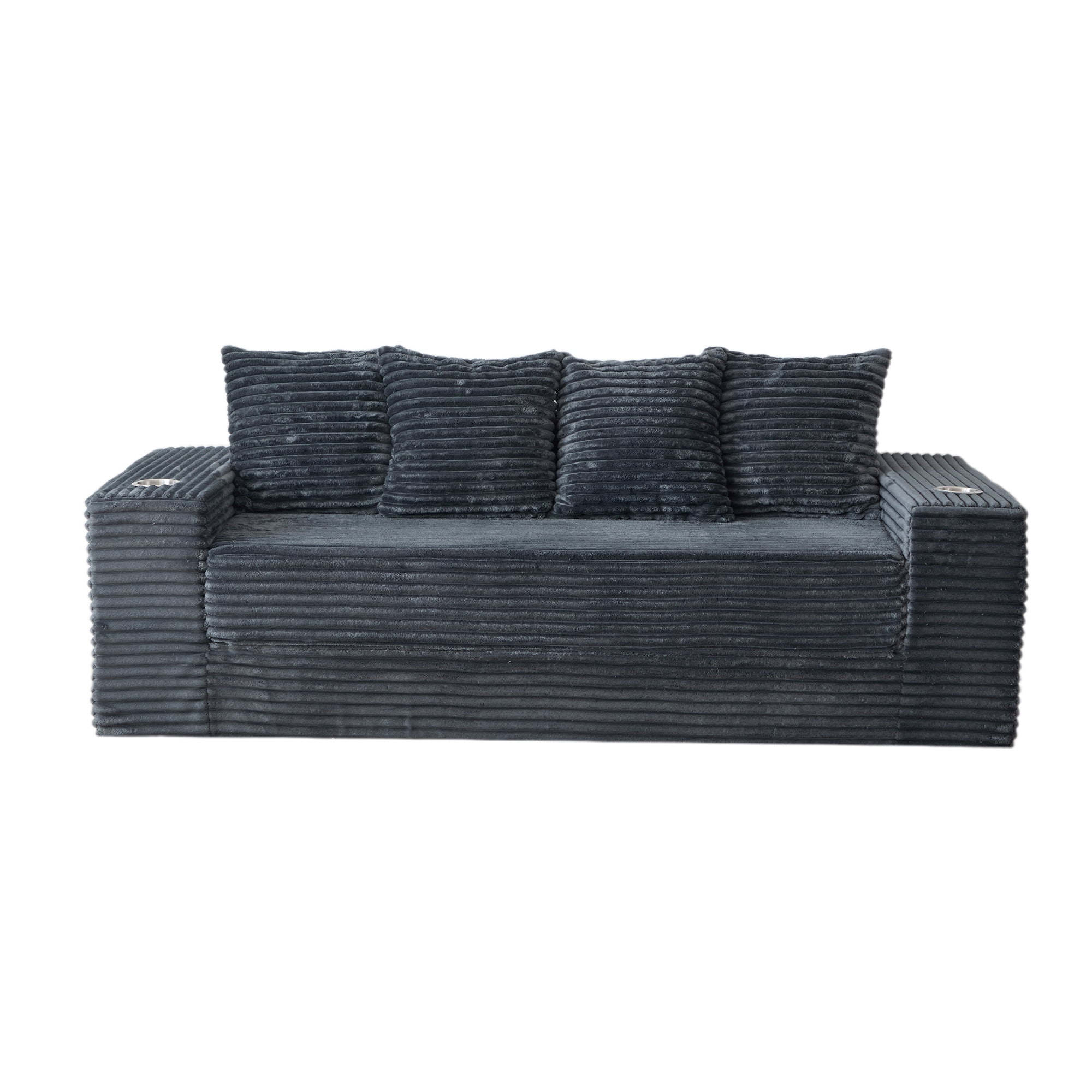GARITIN Frameless Teddy Couch Bed 77 Inch, Boneless Corduroy Convertible Sofa with Cup Holders and Side Storage for Living Room, Grey