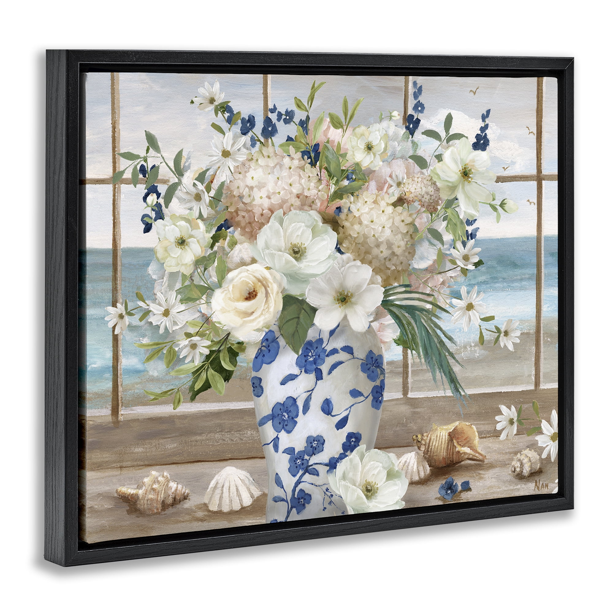 Stupell Industries Seashells & Flowers Windowsill Black Framed Floater Canvas Wall Art, design by Nan