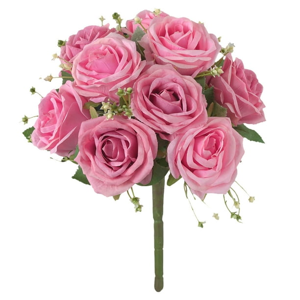 Ramo de flores de rosas artificiales de 9 cabezas, ramo de flores de novia, fiesta de boda, tela de seda, decoración floral falsa, rosa oscuro Sweethay HA6916-03B