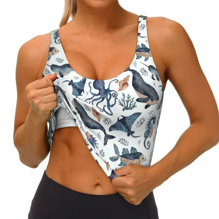 Qokaie Underwater Animals 1 Pattern Womens Scoop Neck Sports Bra Breathable Workout Vest Padded U Back Medium Impact Fitness Gym Yoga Bra Workout Crop Top