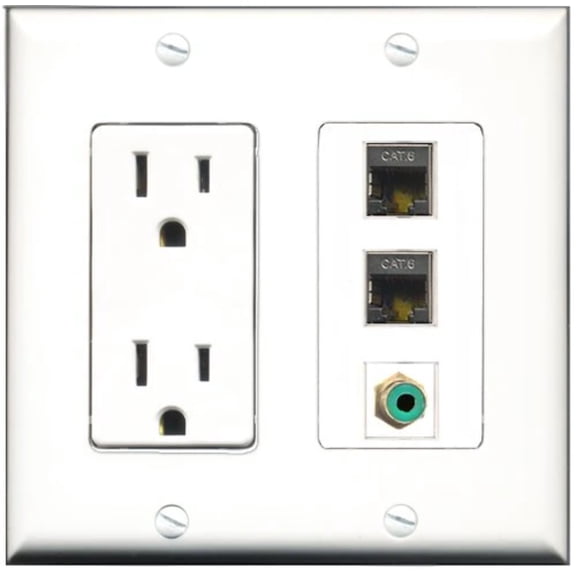 RiteAV - 15 Amp Power Outlet 1 Port RCA Green 2 Port Shielded Cat6 Ethernet Ethernet Decorative Wall Plate