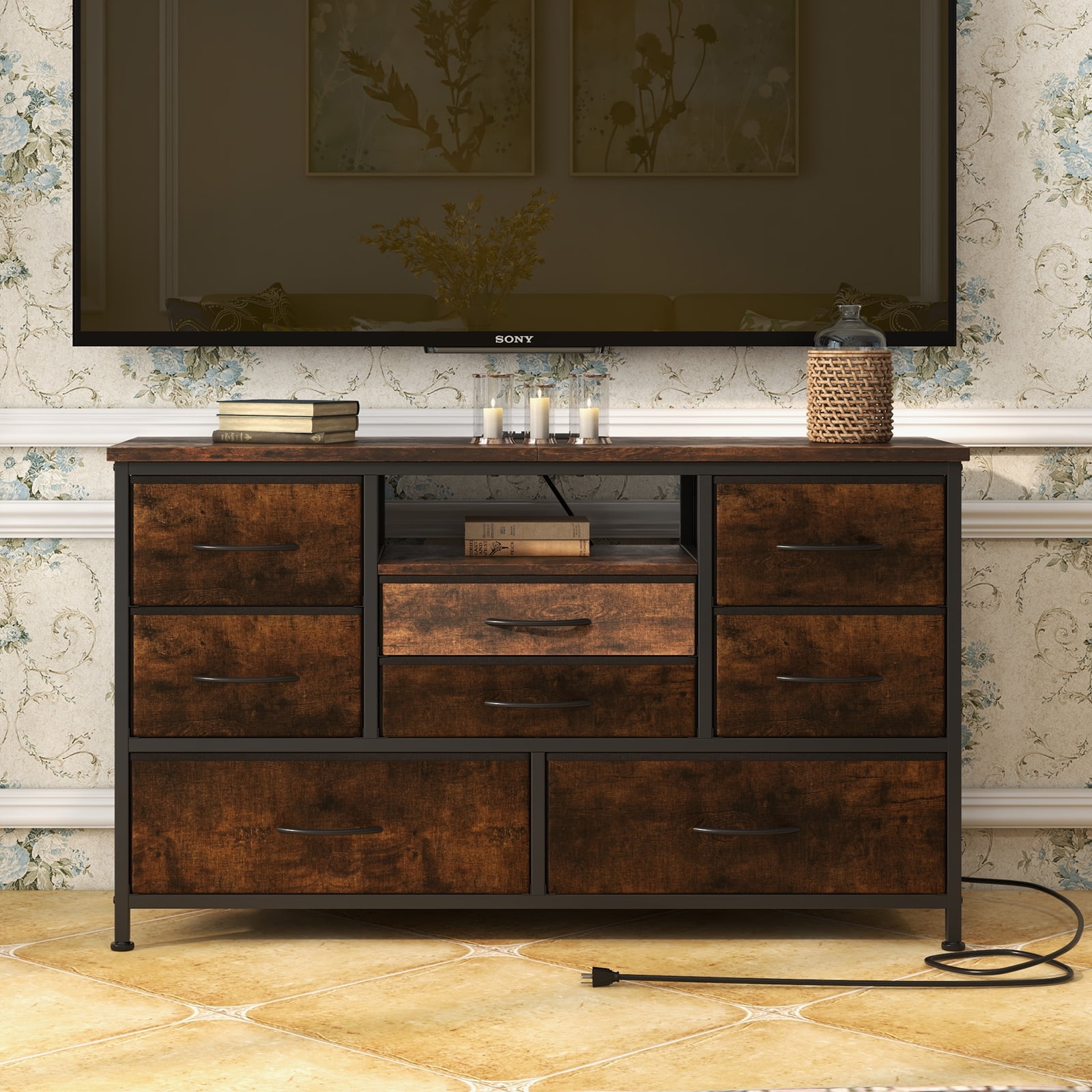 Tv Stands for Living Room,8-Drawer Storage Cabinet TV Cabinet for 55-Inch TV Entertainment Center with Adjustable LED Lights, with Electrical Outlets and Cords
