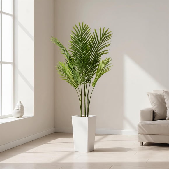 Modern Artificial Palm Tree in White Planter, Tall Tropical Faux Plant with Lifelike Leaves, Boho Fake Potted Trees for Home, Bedroom, Living Room, Office, Outdoor, Porch Decor