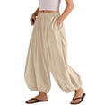 thumbnail image 5 of Wide Leg Pants for Women BWASD Casual Cotton Linen Elastic Waist Baggy Bloomers Pants Large Size Pocket Palazzo Trousers Fashion Beach Vacation 2043 Trendy (Khaki,M), 5 of 7