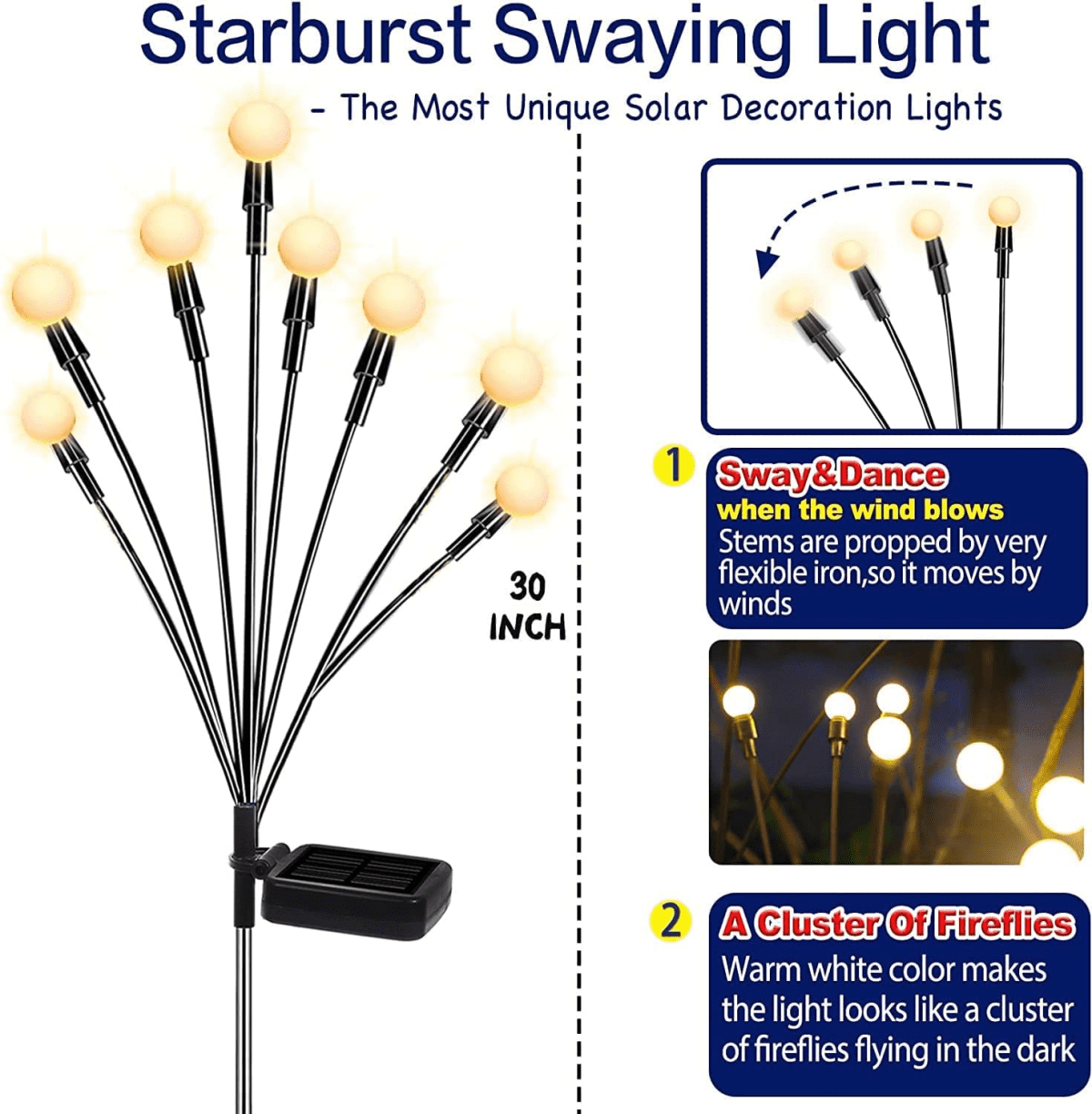 Solar Garden Lights - New Upgraded Solar Swaying Light, Sway by Wind, Solar Outdoor Lights, Yard Patio Pathway Decoration, High Flexibility Iron Wire & Heavy Bulb Base, Warm White(4 Pack)