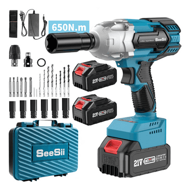 Seesii Power Cordless Impact Wrench 650Nm 1/2'', 3 in 1 Brushless Impact Wrench Kits, High Torque 3300RPM Impact Gun w/ 2x 4.0 Ah Batteries, 6 Sockets, 9 Drill, 6 Screws, WH700