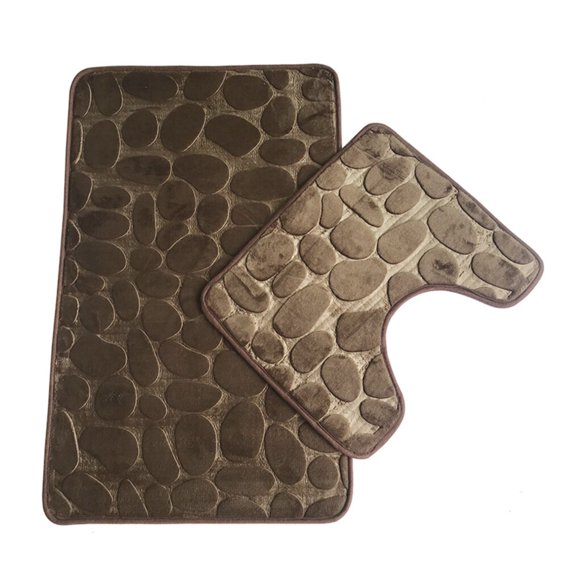 Youkk 2Pcs Non-slip Mat Set Plush Floor Pad Door Carpet Stone Bathroom Toilet Water Absorbent Rug, Brown