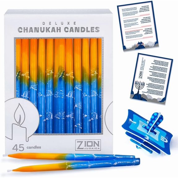 Zion Judaica Hand Dipped Hanukkah Candles Sunburst Colors Candle Bundle of 45 Decorative Candles for Menorah, Chanukah, Parties, Decorative Chanukah Candles with DIY Dreidel, Prayer Card