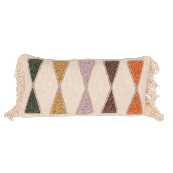 Bloomingville Embroidered Cotton Lumbar Pillow with Fringe, Earthen Multicolors