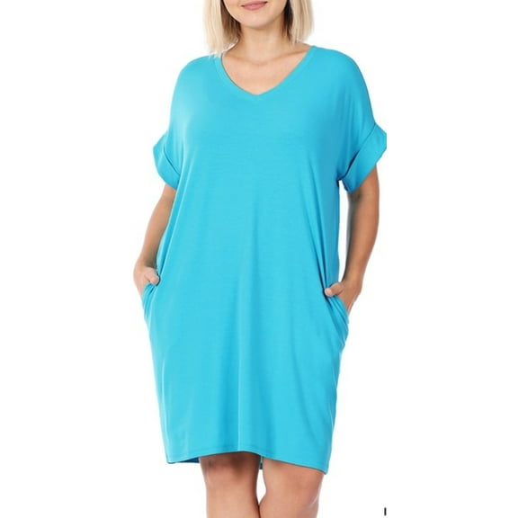 Plus Rolled Short Sleeve V-Neck Ice Blue Dress