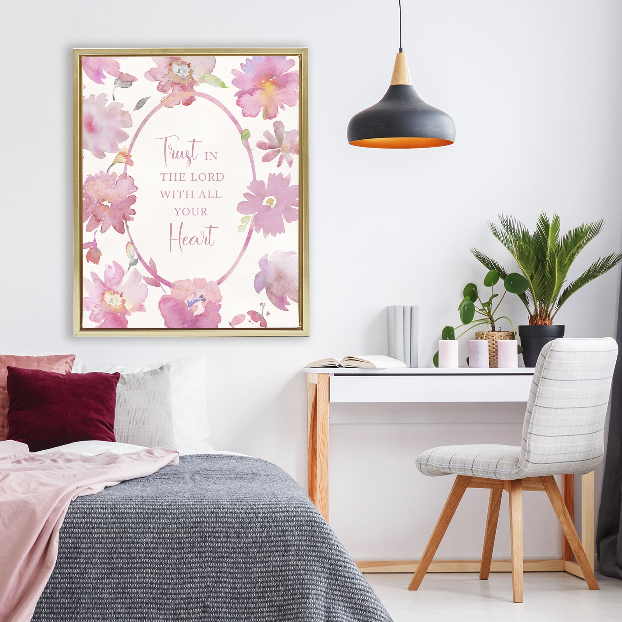 Stupell Industries Trust In The Lord Pink Blooms Gold Framed Floater Canvas Wall Art, design by Theresa Heidel