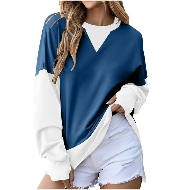 cfhntfmh Womens Sweatshirts Oversized Crewneck Color Block Patchwork Tops Long Sleeve Pullover Fall Fashion 2024