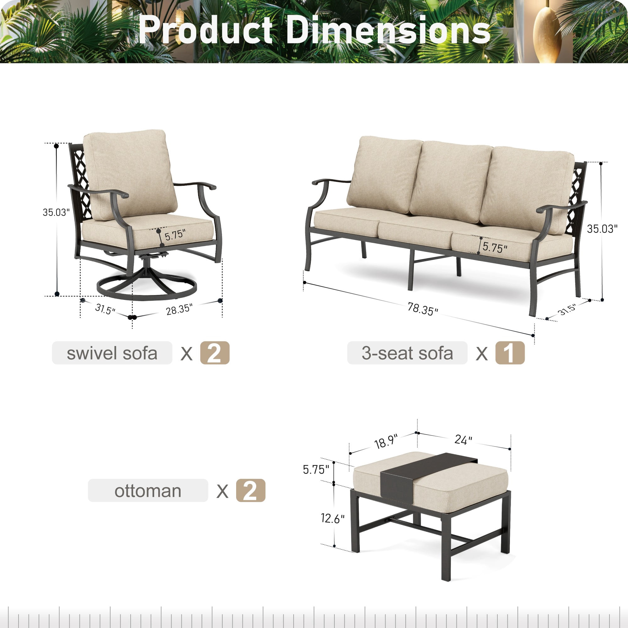 MF Studio 7-Seater Patio Conversation Set Metal Outdoor Furniture Set with Swivel Chairs and Ottomans - Beige