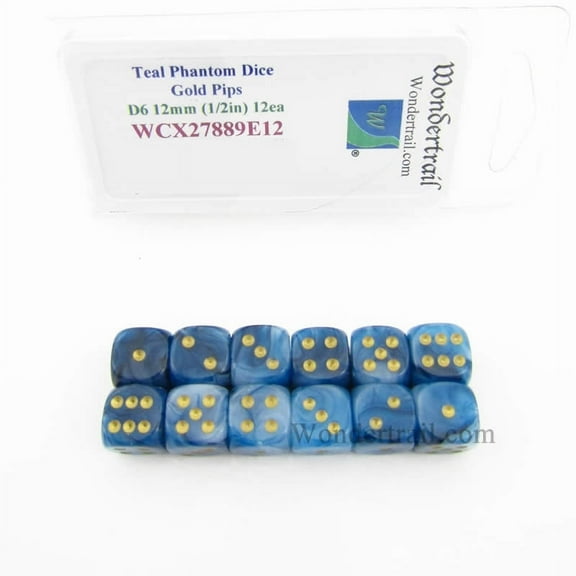 Teal Phantom Dice with Gold Pips 12mm (1/2in) D6 Pack of 12 Wondertrail