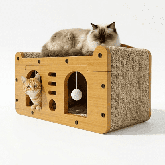 EIODEAR 22" Wood-Look Cat Scratcher House - 3-in-1 Indoor Cat Hideaway Lounge, Cardboard Bed & Heavy-Duty Scratching Pad with 2 Teaser Balls