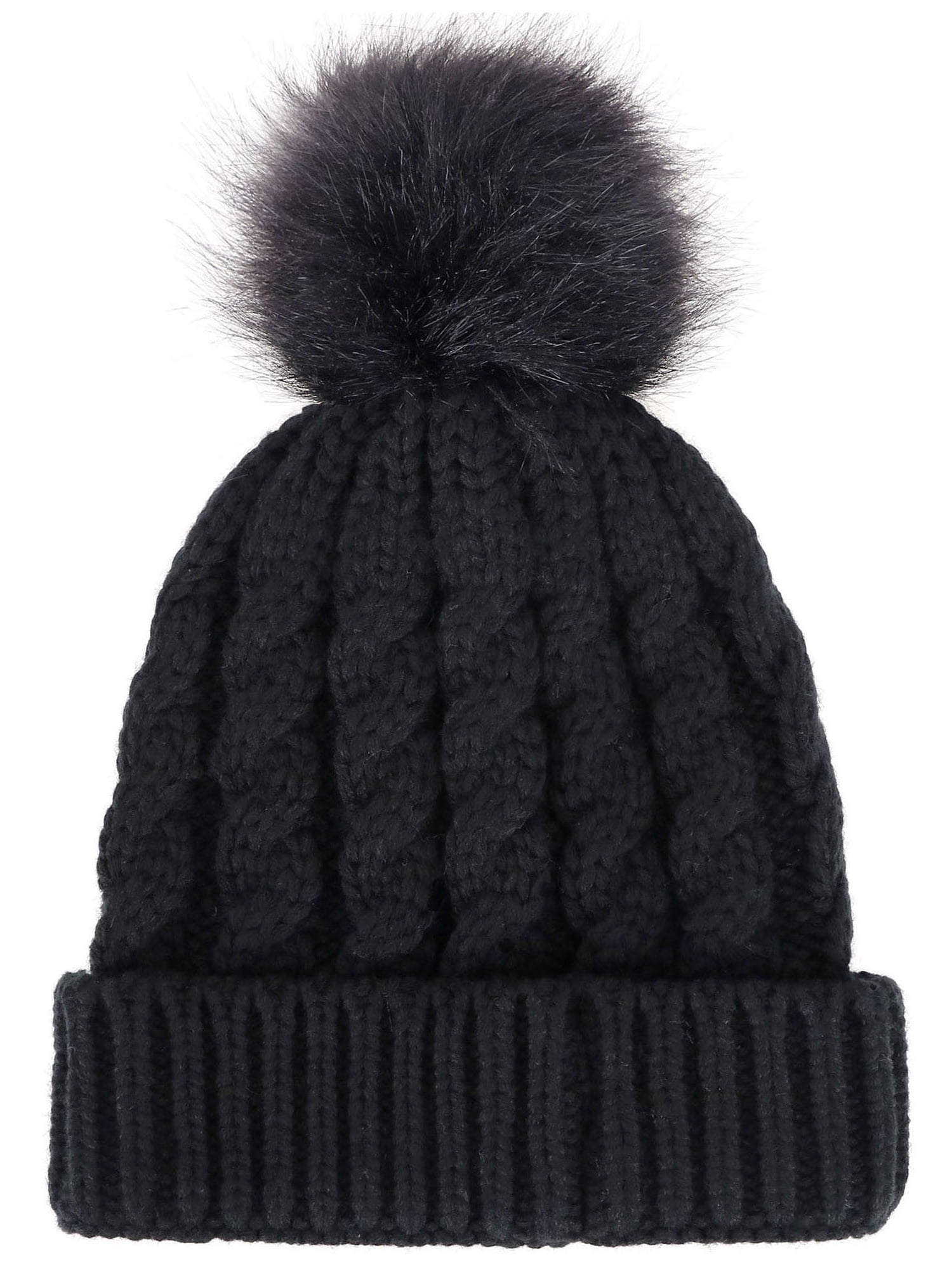 Faux Fur Pom Hand Knit Women's Hat Hats For Women Chunky Knit Hat Cozy Knits Pom Pom Beanie Winter Hat Hand Knitted Beanie