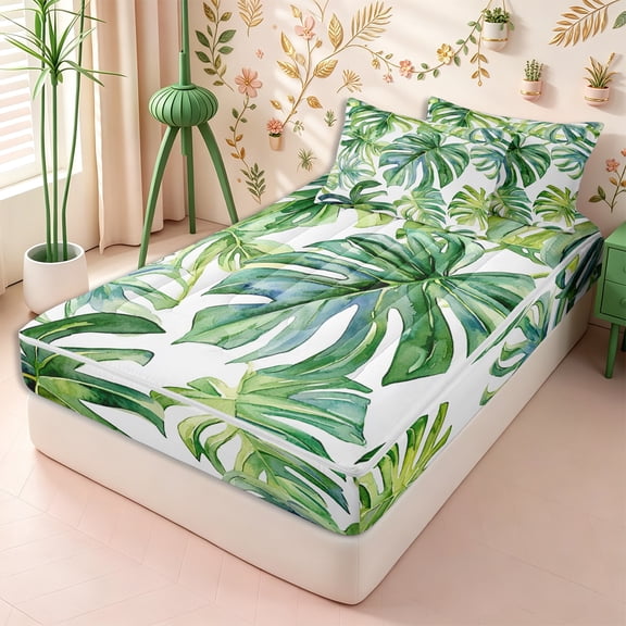 Erosebridal Watercolor Tropical Leaf Print Zipper Twin Comforter Sets with Fitted Sheet and 2 Pillowcases,Palm Banana Zipper Bedding Set,Sage Ivory,4-Piece,Reversible