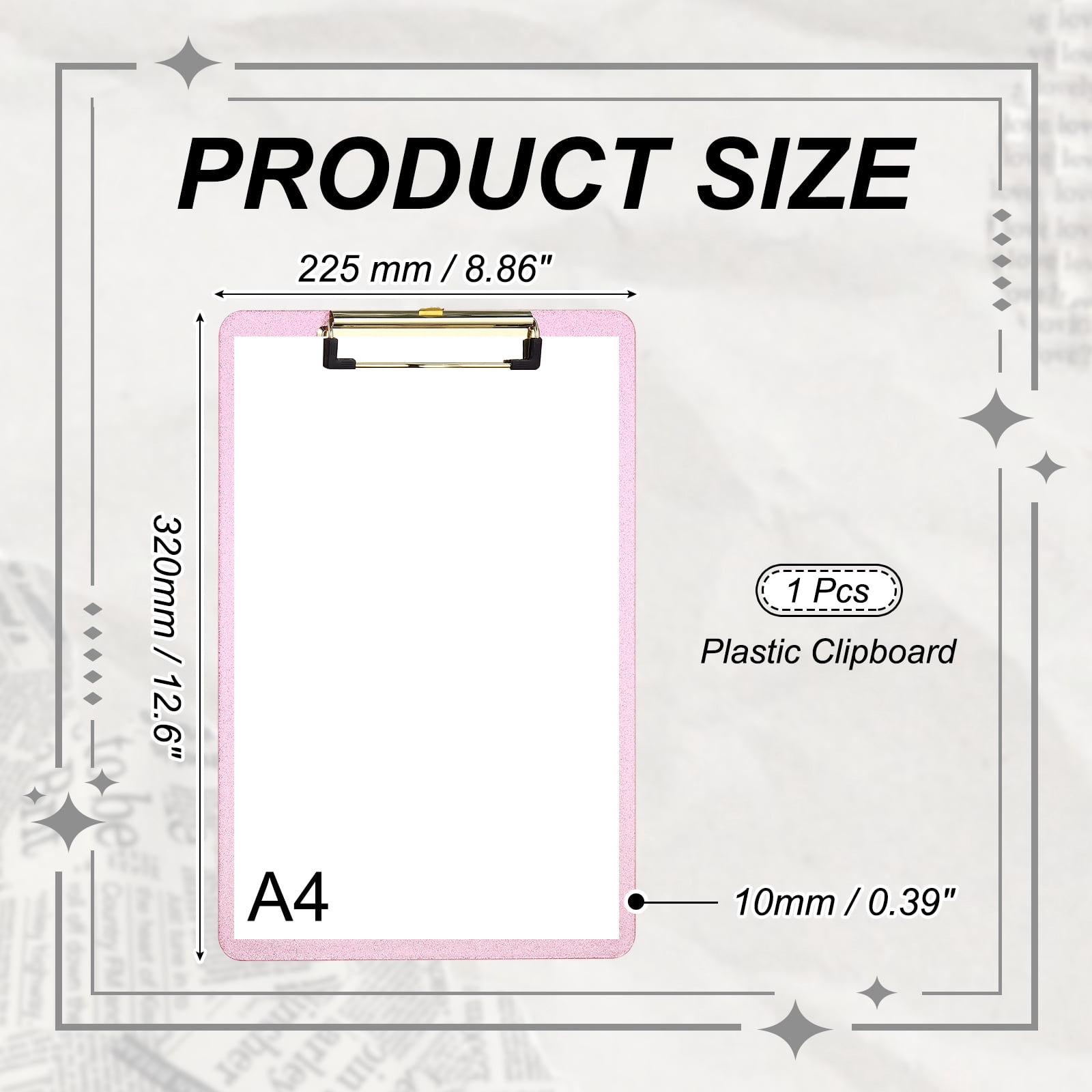 Uxcell Plastic Clip Boards, A4 Size Glitter Pink Stylish Clip Boards Glitter Design Cute Clipboards Office Supplies for Restaurant Shop Store Note Memo Card Sign Holder