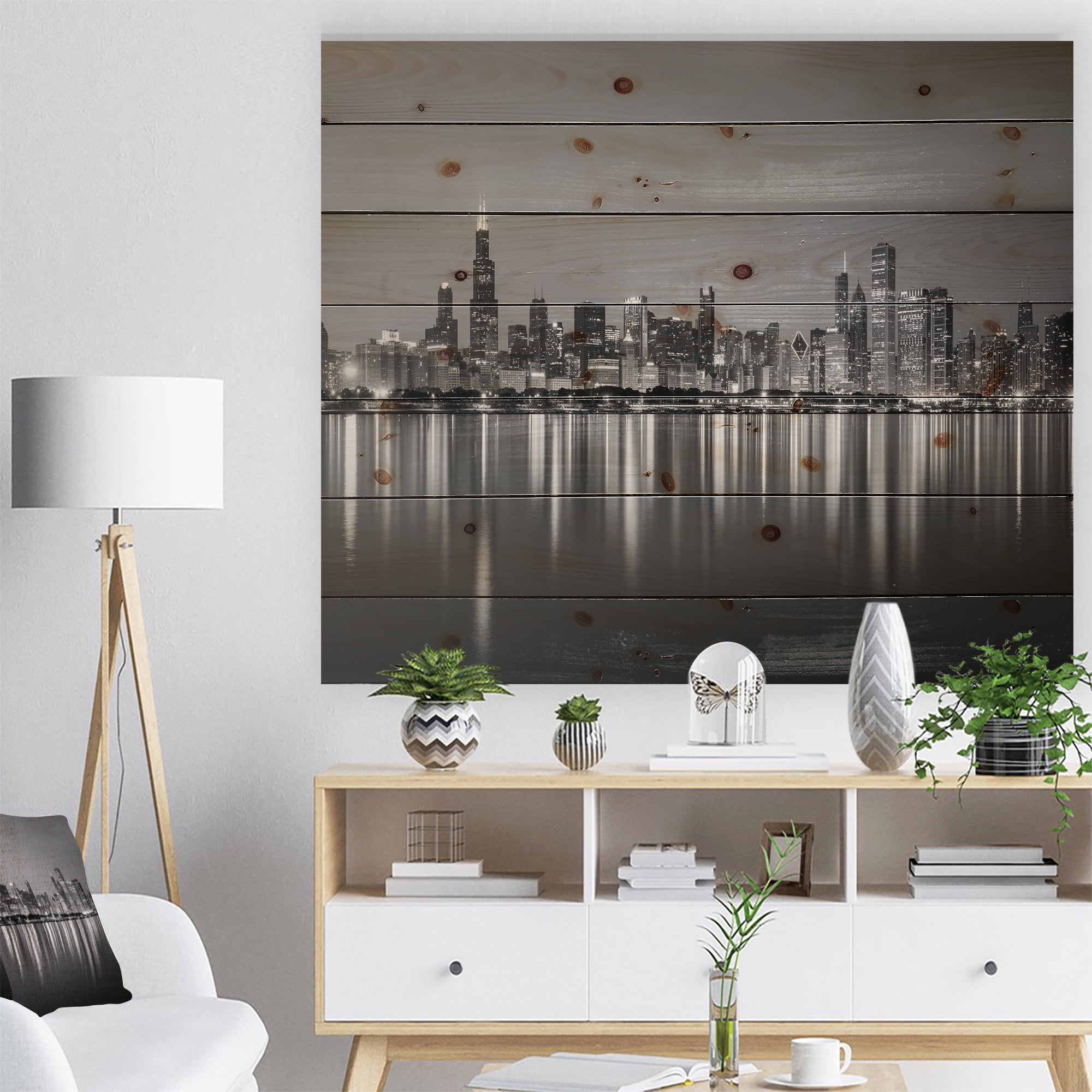 Designart 'Chicago Skyline at Night Black and White' Cityscape Print on Natural Pine Wood