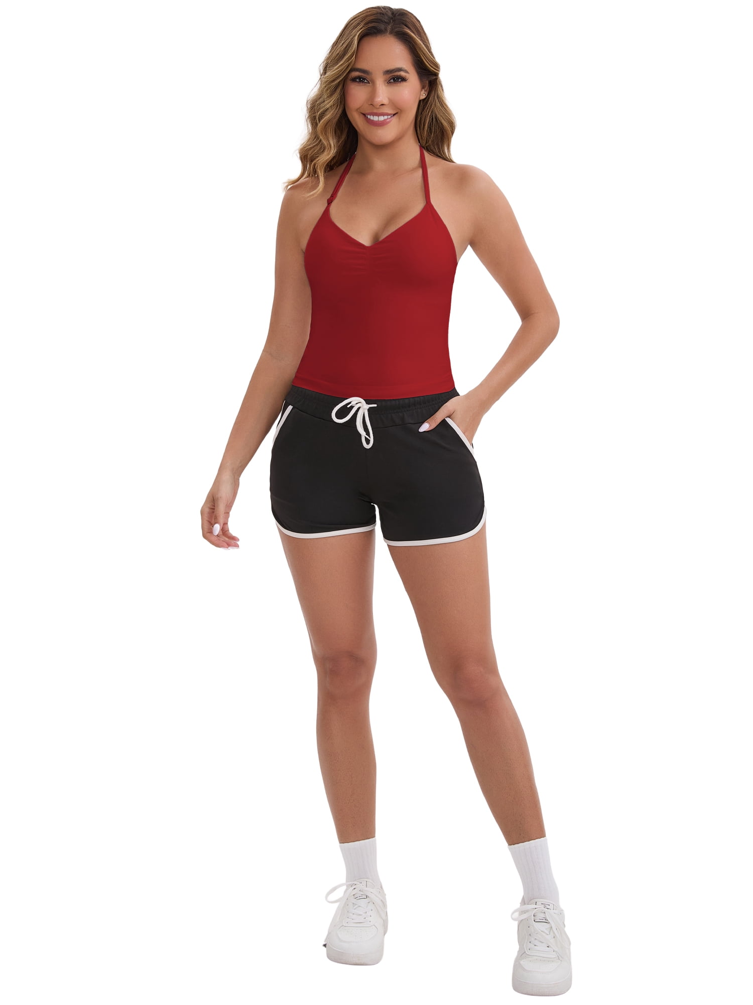 DARING DIVA Women's Halter Neck Padded Adjustable Spaghetti Straps Tank Top S Dark Red