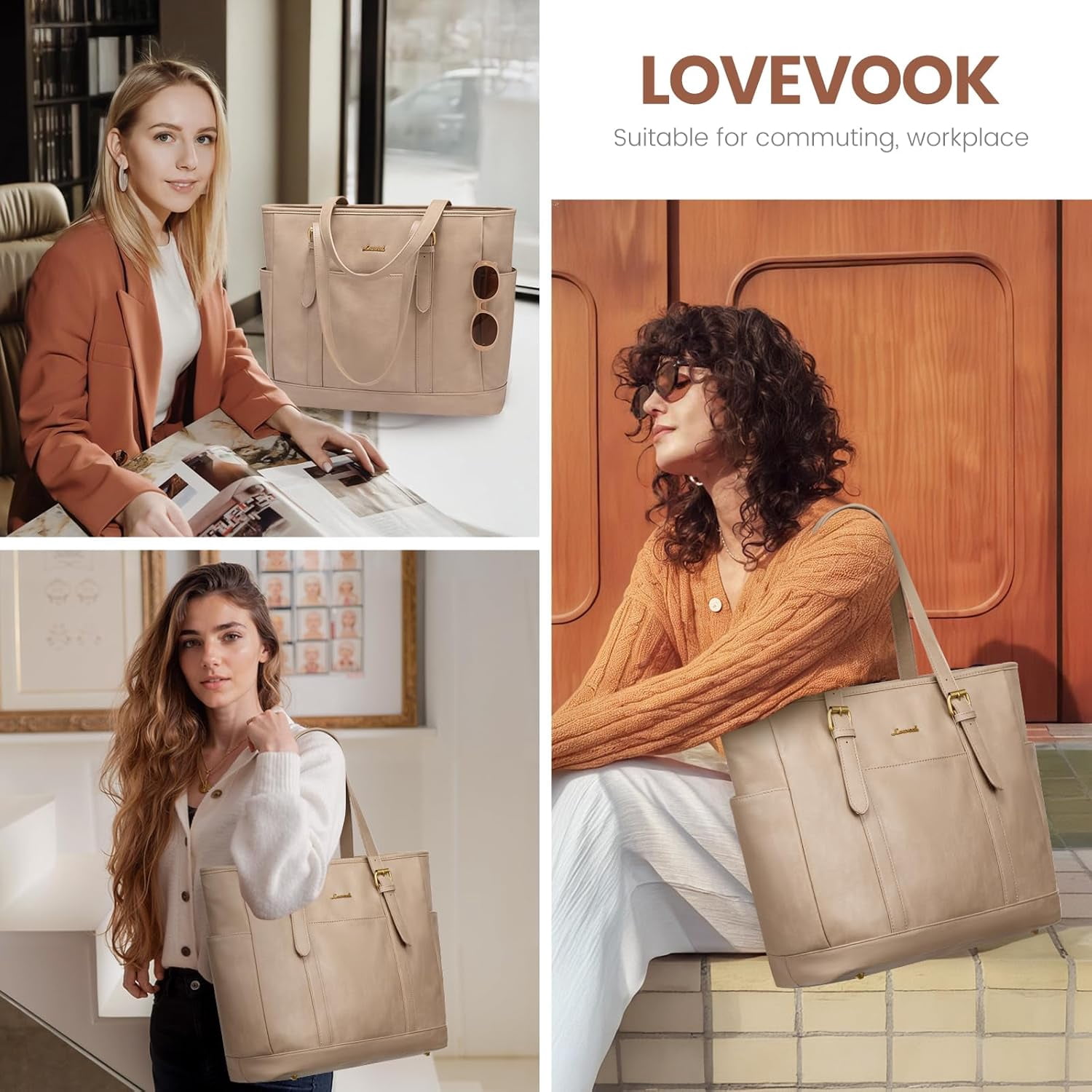 LOVEVOOK Laptop Tote Bag for Women,Vintage Leather Work Tote Bag for Women, 15.6 Inch Computer Briefcase Bag,Waterproof Teacher Business Office
