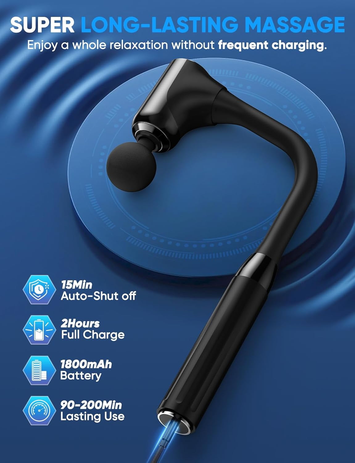 Long Handle Percussion Massager Gun, U-Shaped Back Massager for Hard-to-Reach Areas with 6 Interchangeable Heads for Full Body Muscle Relaxation