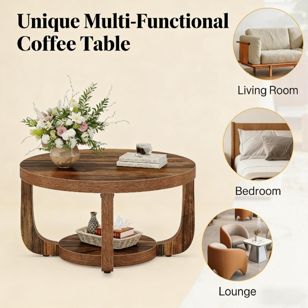 Coffee Table Round Rustic Brown 2 Tier Storage Modern Living Room Furniture
