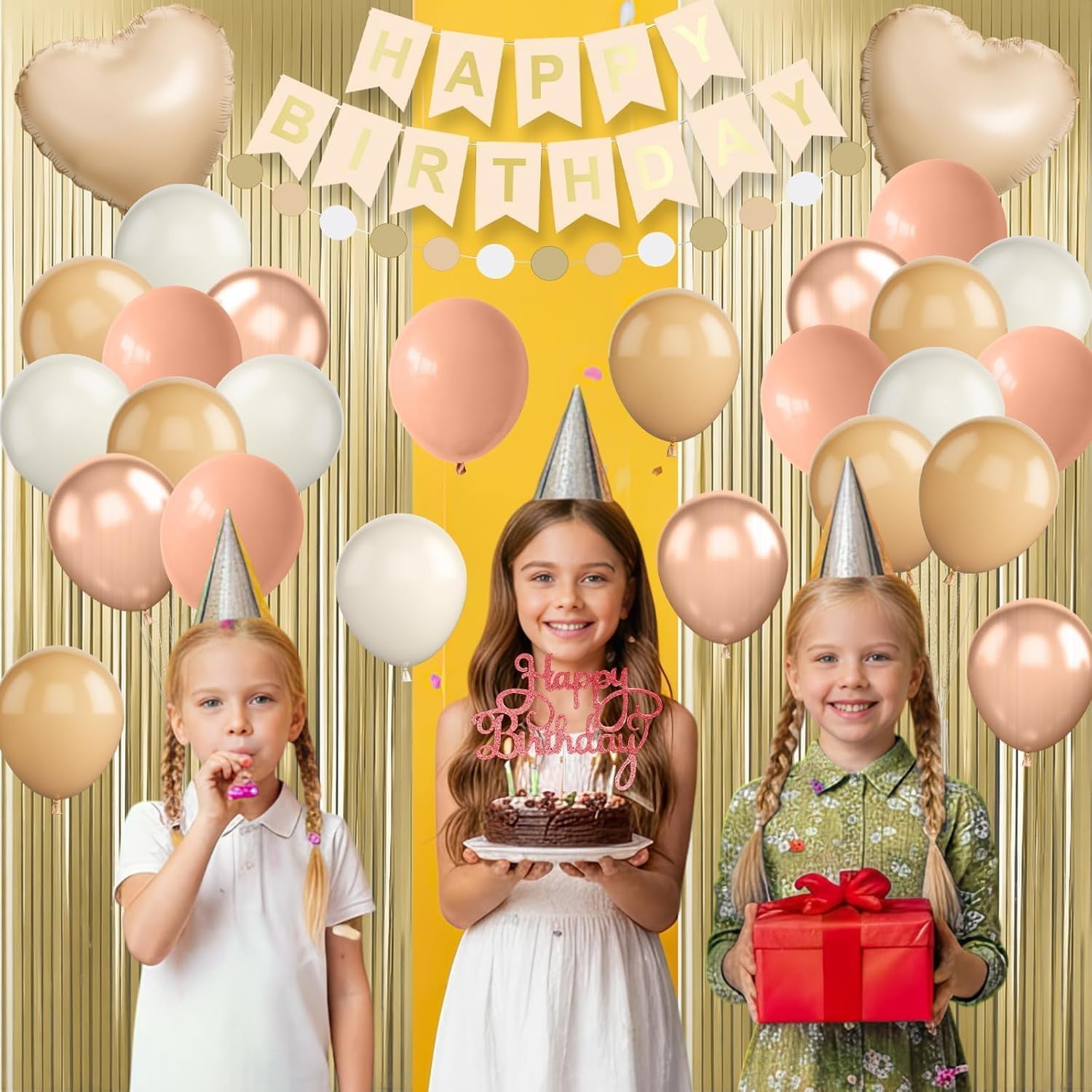 Beige Birthday Decorations,Happy Birthday Banner with Cream Nude Champagne Gold Balloon Heart Foil Balloons Fringe Curtain for Women Men  Baby Shower Party Decor