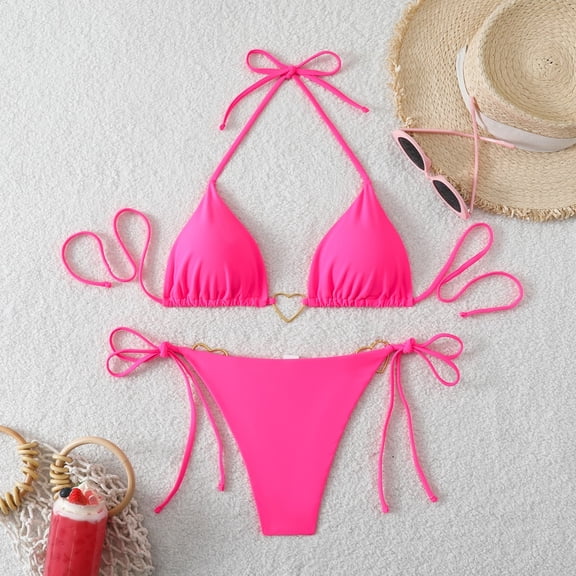 Xdegoge String Bikini for Women Two Piece Halter Triangle Top Tie Side Bottom Heart Ring Detail High Cut Bathing Suits Summer Vacation Pool Party