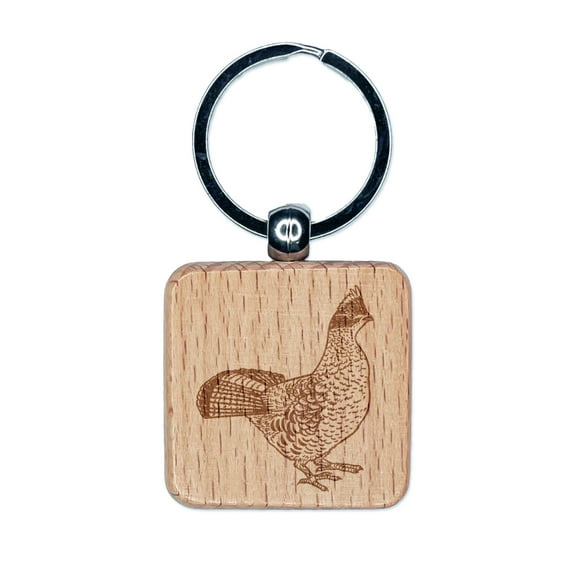 Ruffed Grouse on Alert Square Keychain Charm Tag - Engraved Wood