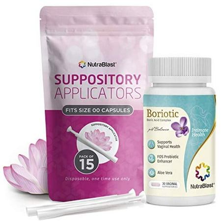 NutraBlast Boric Acid Suppositories 800mg Complex w/FOS Probiotic Enhancer & Aloe Vera w/Vaginal Applicator, 30 Suppositories & 15 Applicators - pH Balance for Women, Feminine Care - Made in