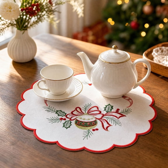 Cififendec Christmas Embroidered Placemat, 11.81", Christmas Scalloped Edge Table Mat for Candle Centerpiece Arranging and Tabletop Decoration