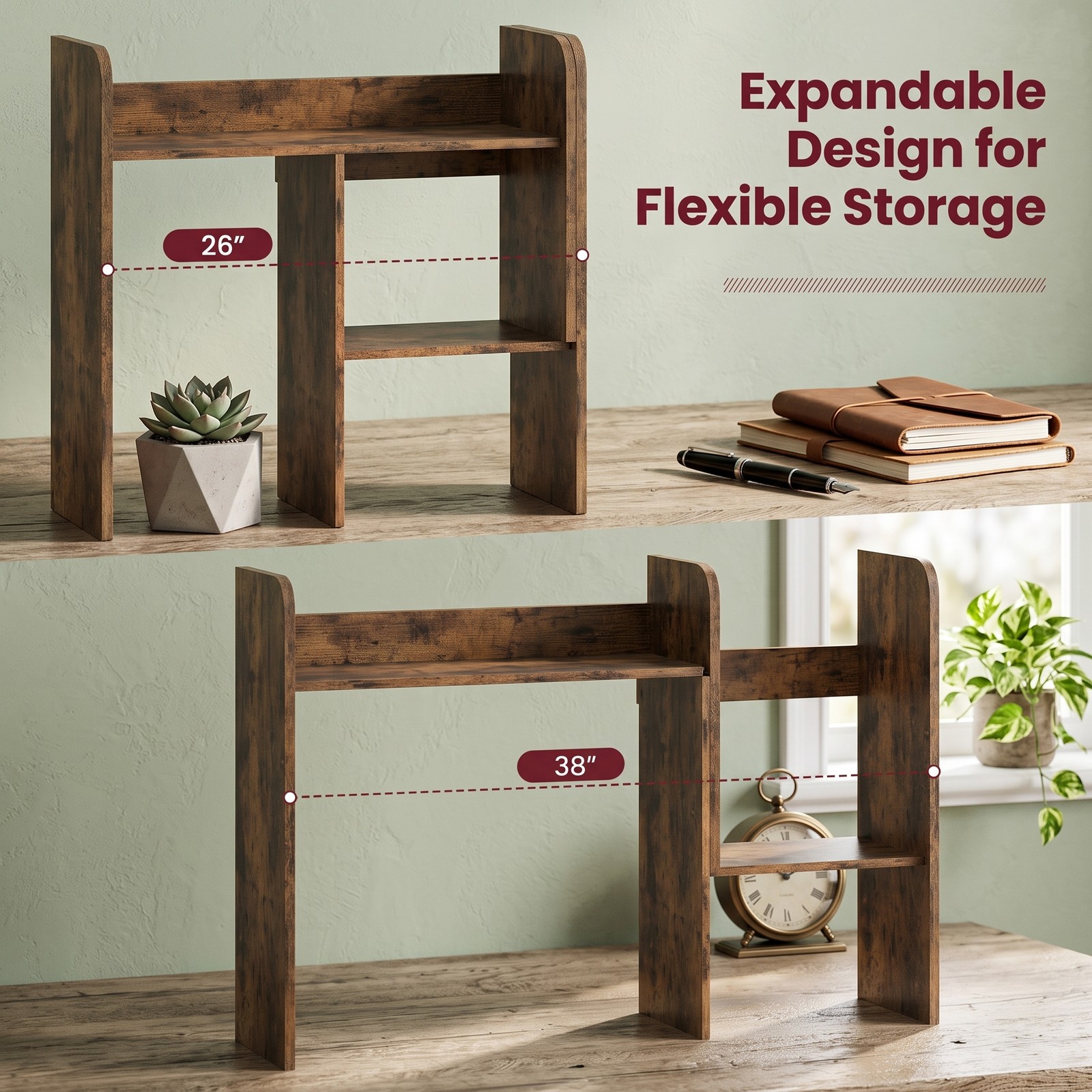 Furnibear Expandable Desk Bookshelf with Open Cubes, Desktop Display Rack Organizer for Monitor Riser Stand, Wood Small Bookcase Shelf for Home Office, Rustic Brown