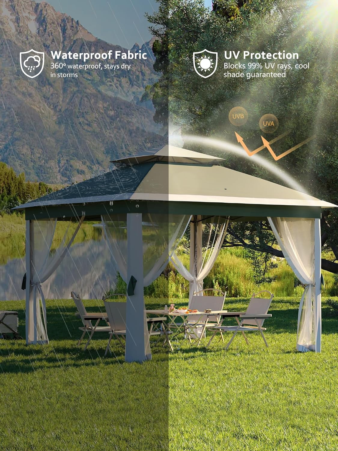 11'x11 Pop-Up Gazebo, Instant Outdoor Canopy Tent with Mosquito Nettings, Durable Steel Frame, Water, and UV Proof, for Patio, Garden, Courtyard, Party
