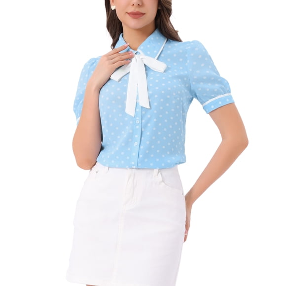 INSPIRE CHIC Women's Polka Dots Blouse Peter Pan Collar Bow Tie Neck Puff Sleeve Vintage Shirt Top XL Mint Blue