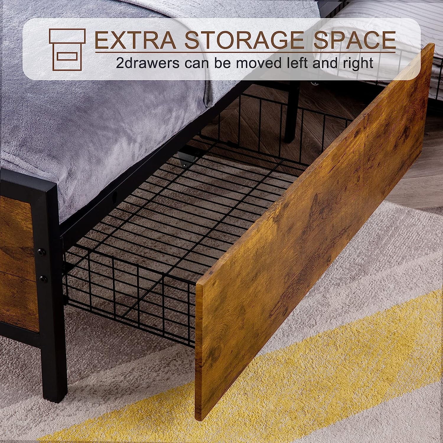 Reliancer Twin-XL Bed Frame with 2 XL Storage Drawers, Platform Bed Frame with 2-Tier Headboard, Strong Metal Slat Support/No Box Spring Required/Easy Assembly, for Teenagers Adults
