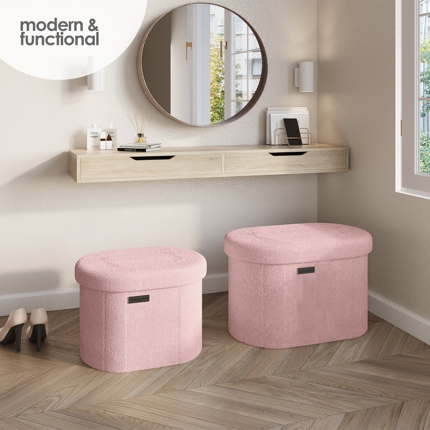 Hearth & Harbor Oval Storage Ottoman Bench, Boucle 16" Ottoman with Storage , Pink