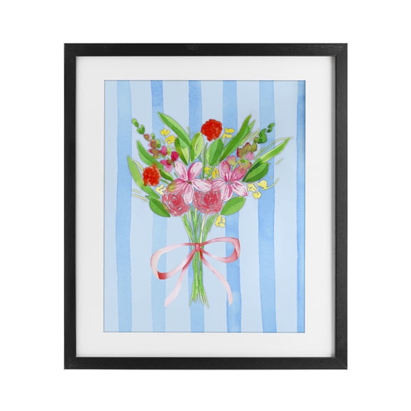 Bright Springy Bouquet Stripes Black Framed Print Under Glass, design by Nina Jacobs