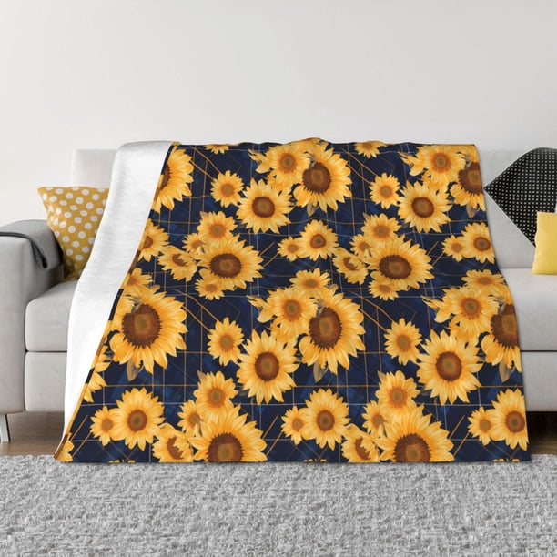 Fotbe Navy Blue Plaid Sunflower Manta de Franela con Estampado, Manta Ultrasuave para Cama, Sofá, Auto, Hipoalergénica y Antibolitas-50"x40"