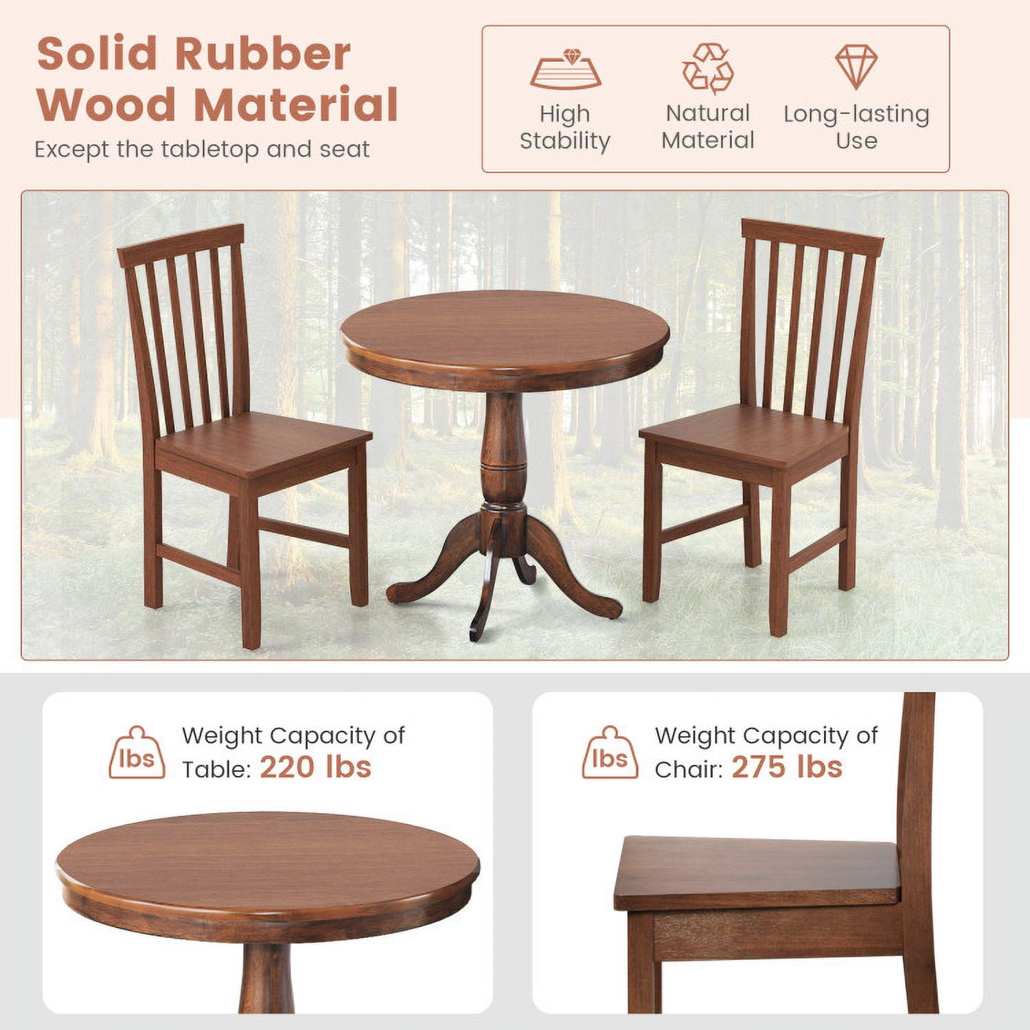 Finihen Dining Set, Dining Table Set, 3 Pieces Wooden Dining Table and Chair Set, for Cafe Kitchen Living Room, Walnut Finihen Dining Set, Dining Table Set, 3 Pieces Wooden Dining Table and Chair Set, for Cafe Kitchen Living Room, Walnut