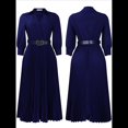 thumbnail image 3 of Vestido Plisado para Mujer, Cuello en V, Larga, Corte A, para Iglesia, Trabajo Formal, Negocios, con Cinturón Azul Oscuro S, 3 of 10